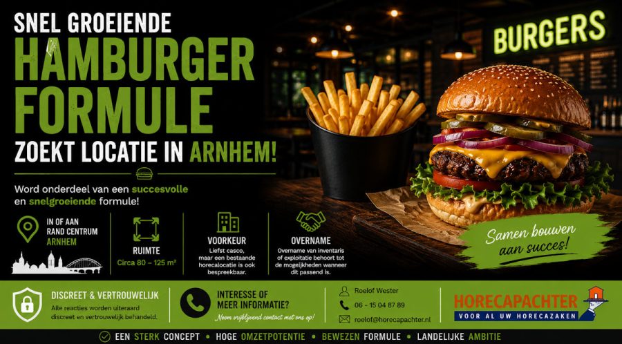 Café/Cafetaria te koop in Arnhem, Gelderland — Horecalocatie voor snelgroeiende hamburgerformule